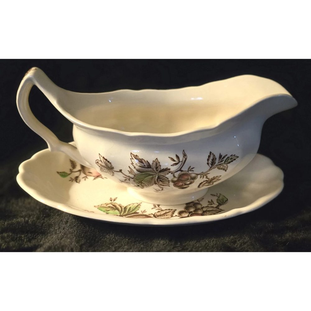 Vintage Johnson Bros Harvest Time Gravy Boat Underplate Fruit Design England